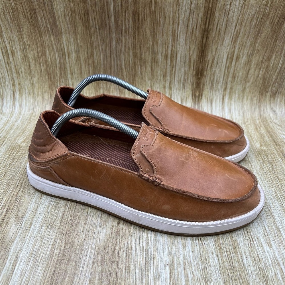 OluKai Kakaha Nia Slip On Shoes Men's Size 9.5 Brown Leather Loafers 10557-FXFX